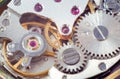 Analog clock metal mechanism close up