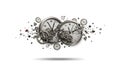 Analog clocks with Roman numerals and intricate gears appear to explode,