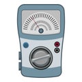 Analog multimeter measuring electricity with dial, rotary switch, button, and connectors