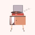 Analog music player or turntable playing song or vinyl record isolated on light background. Home furnishing or old