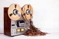 Analog Open Reel Tape Deck Recorder with Messy Tape Royalty Free Stock Photo
