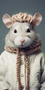 Analog Portrait: White Mouse In Knit Hat - Classicist Style