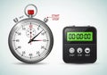 Analog stopwatch and digital timer side by side. The stopwatch, made of metal, has Royalty Free Stock Photo