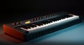 Analog synthesizer with control knobs on dark background.