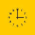 Analog vector clock face over yellow, with regular arabic numerals. Part of an analog clock, or watch
