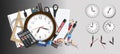 Analog wall clock showing 12 hours each hour. The illustration includes many drawn elements of school supplies and a
