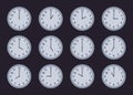 Analog watch faces. Vintage clock showing different time, round analog clocks faces with numbers flat vector illustration set