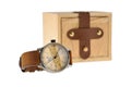 Analog wrist watch with brown dial and leather bracelet with box