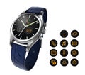 Analog wristwatch with digital touch screen, and blue leather wristband