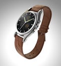 Analog wristwatch with digital touch screen, brown leather wristband