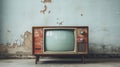 Analogue old vintage retro style wooden TVset near peeled wall in abandoned house. Media services, new digital world, end of