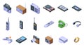 Analogue technology icons set isometric vector. Audio button