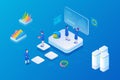 Analyse statistics data online Isometric Flat vector illustration. Servers, charts, diagrams, people display