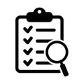 Analysis, analyzing icon. Clipboard with magnifier loupe icon, business concept. File search icon, document search