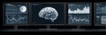 Analysis of Data Patterns Displayed on Multiple Monitors With Brain Illustration in the Center Royalty Free Stock Photo