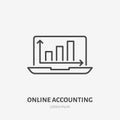 Analysis, finance infographic flat line icon. Online accounting, schedule sign. Thin linear logo for legal financial