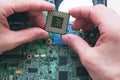 Analysis , installing of processor in CPU socket Royalty Free Stock Photo
