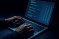 Hands Typing Code on Laptop Screen with Data and Numbers Displayed Keywords: programming, coding, software development, computer Royalty Free Stock Photo