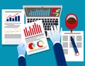 Analyst business. Auditor working on statistical data paper documents. Concept business vector illustration, Report, Spreadsheets