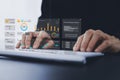 Analyst computer working with information database to analysis marketing sale data. Business project or program strategy planning