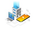 Analyst smartphone data server isometric flat 3d illustration concept