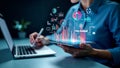 Analyst uses computer and dashboard for business data analysis customer database insights