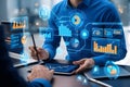 An analyst uses a computer and dashboard for data business analysis and data management system, customers database