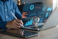 An analyst uses a computer and dashboard for data business analysis and data management system, customers database