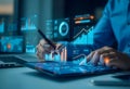 An analyst uses a computer and dashboard for data business analysis and data management system, customers database