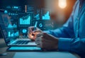 An analyst uses a computer and dashboard for data business analysis and data management system, customers database