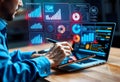 An analyst uses a computer and dashboard for data business analysis and data management system, customers database