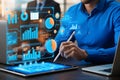 An analyst uses a computer and dashboard for data business analysis and data management system, customers database