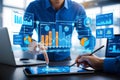 An analyst uses a computer and dashboard for data business analysis and data management system, customers database