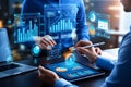 An analyst uses a computer and dashboard for data business analysis and data management system, customers database