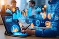 An analyst uses a computer and dashboard for data business analysis and data management system, customers database