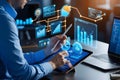 An analyst uses a computer and dashboard for data business analysis and data management system, customers database