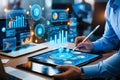 An analyst uses a computer and dashboard for data business analysis and data management system, customers database Royalty Free Stock Photo