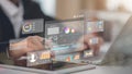An analyst uses a computer and dashboard for data business analysis and a Data Management System with KPI and metrics connected to