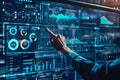 An analyst uses a large screen display to examine data and charts, revealing insights for business success. Generative AI