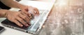 Analyst works using Business Analytics, Data Management System create a report containing KPIs, metrics linked to a database. Royalty Free Stock Photo