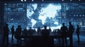Analysts collaborate in a high-tech command center at night, visualizing global data trends on digital displays