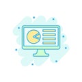 Analytic monitor icon in comic style. Diagram vector cartoon illustration on white isolated background. Statistic business concept