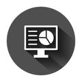 Analytic monitor icon in flat style. Diagram vector illustration on black round background with long shadow. Statistic business