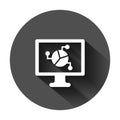 Analytic monitor icon in flat style. Diagram vector illustration on black round background with long shadow. Statistic business