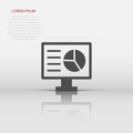 Analytic monitor icon in flat style. Diagram vector illustration on white isolated background. Statistic business concept