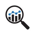 Analytic vector icon. Magnifying glass with bar chart. Business analysis icon.