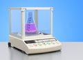 Analytical balance, digital lab scale with chemical flask on the desk. 3D rendering