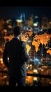 Analytical businessman interprets data finance report, tracks global growth on world map