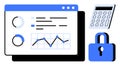 Data Analysis Dashboard and Security Concept with Graphs, Calculator, and Lock Royalty Free Stock Photo