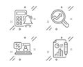 Analytics, Calculator alarm and Online loan icons set. Report document sign. Vector